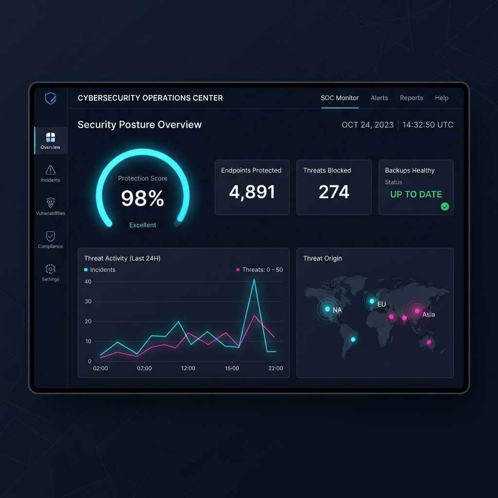 Omnicron security dashboard showing protection status and threat activity