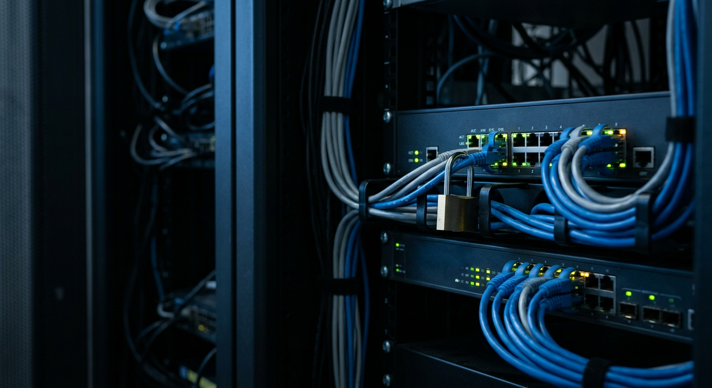 Locked network switch and firewall in a server rack with neatly managed blue cabling and status lights