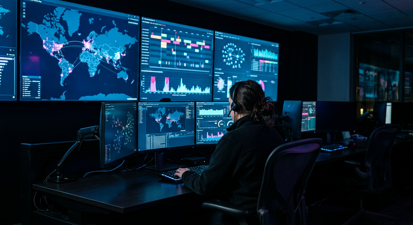 Security analyst facing a wall of monitors showing threat maps and alert timelines